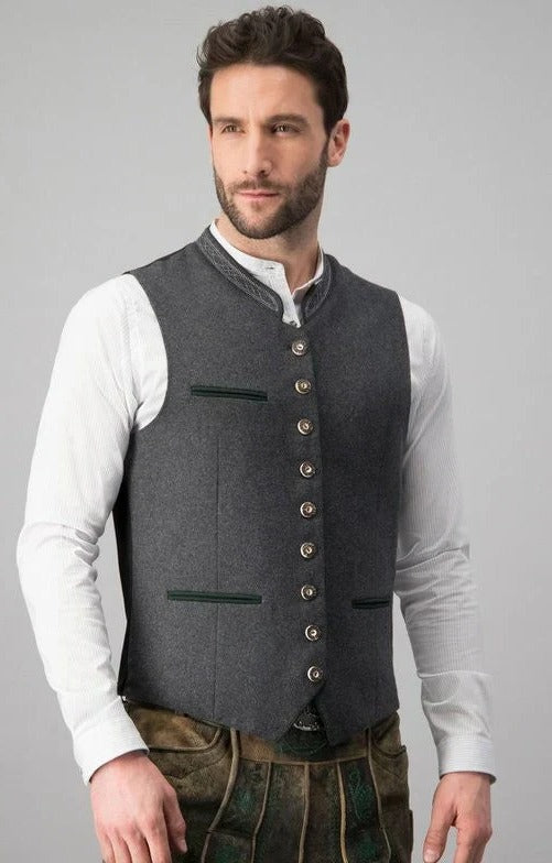 Gray men's traditional vest by Belro, elegant formal clothing with tailored fit and classic design, suitable for special occasions.