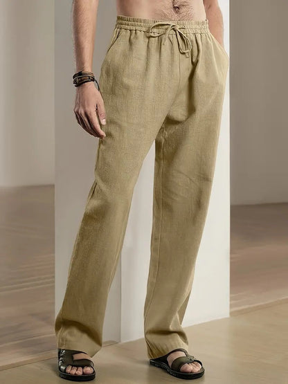 Belro men's baggy linen pants featuring a relaxed fit and lightweight fabric, shown in a casual outdoor setting.