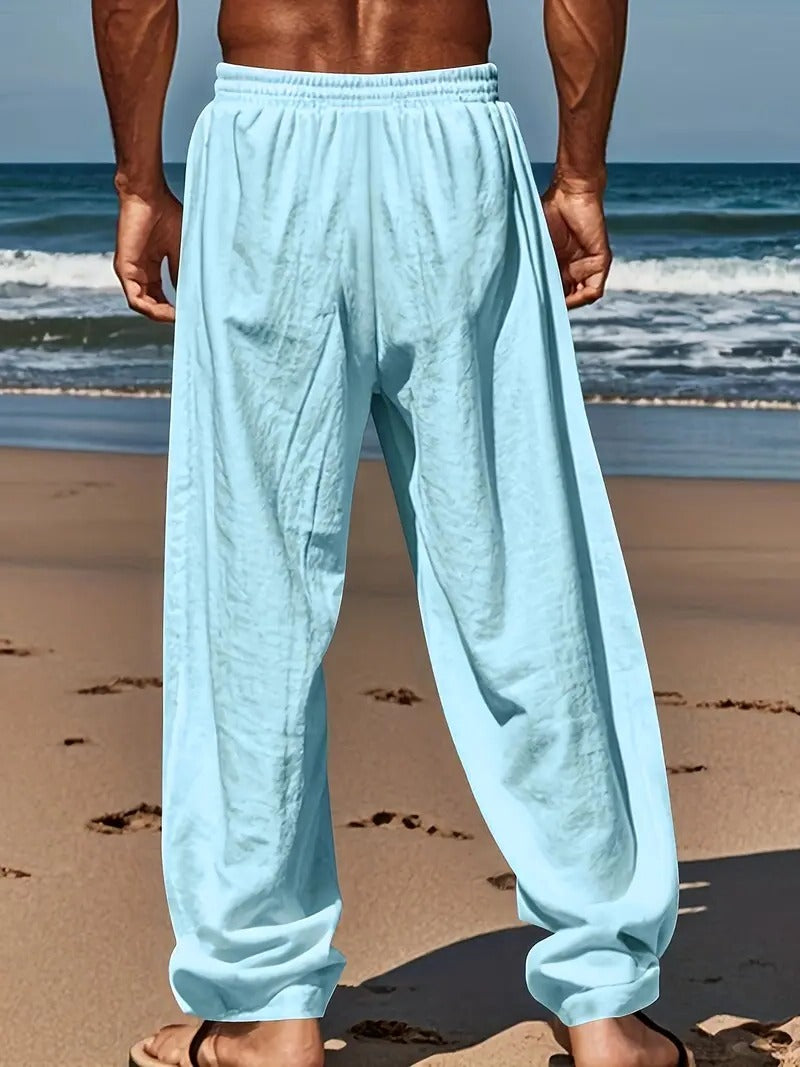 Belro men's baggy linen pants, relaxed fit, lightweight cotton blend, featuring a comfortable waistband and casual style.