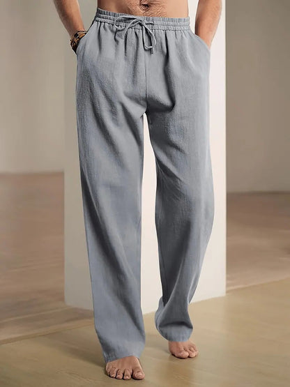 Belro men's baggy linen pants shown on a model, relaxed fit, lightweight fabric, casual men's clothing for comfort and style.