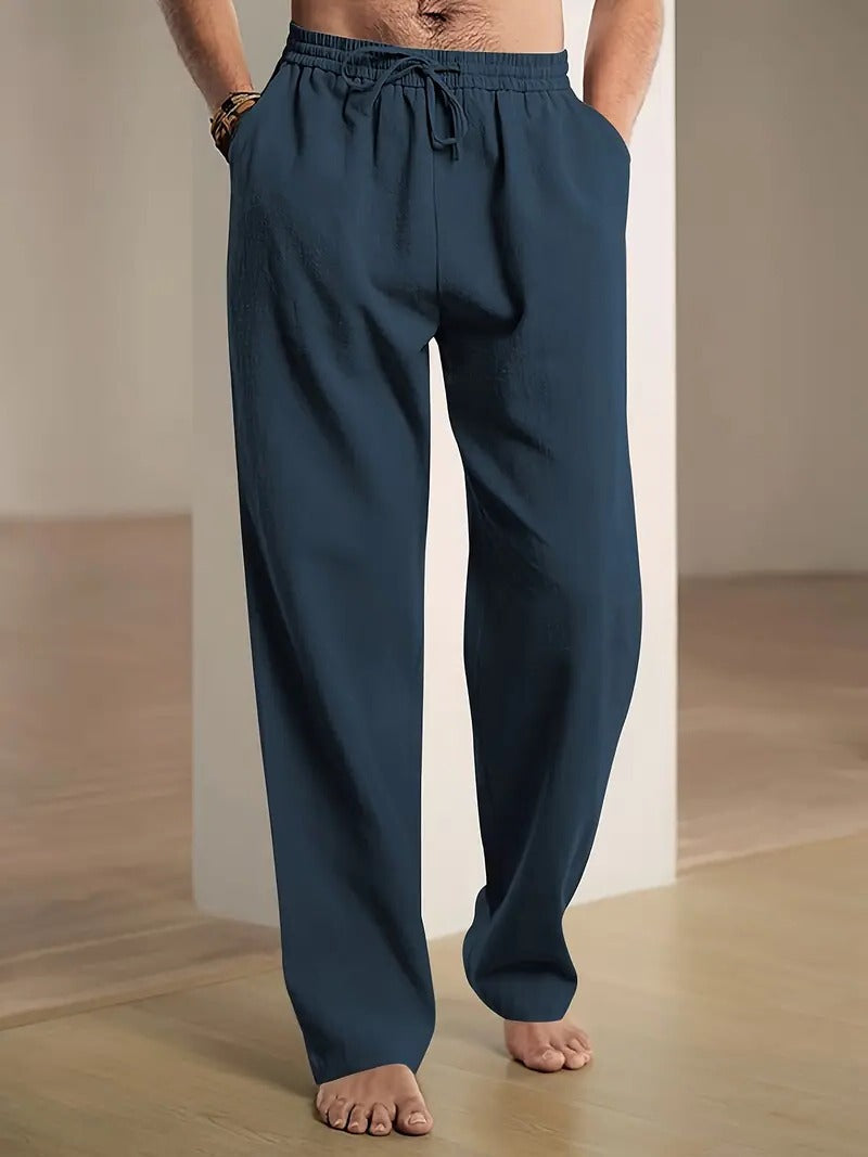 Belro men's baggy linen pants showing relaxed fit and lightweight fabric, ideal for casual summer wear.