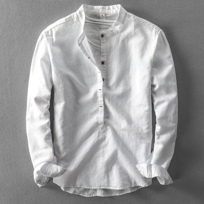 Men's Belro linen shirt in light, breathable fabric, displayed on a hanger with a casual fit and short sleeves.