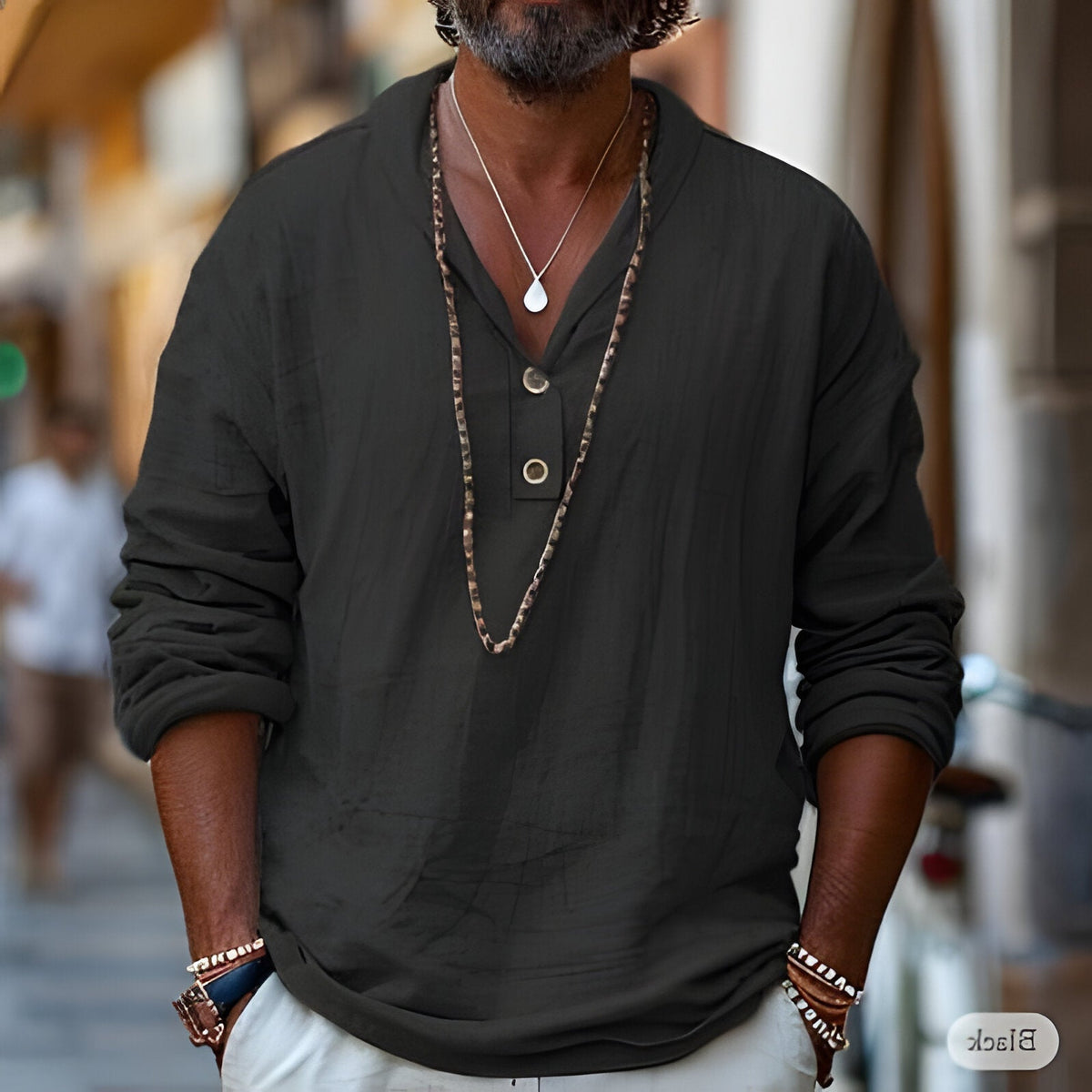 Belro men's linen popover shirt, light and breathable fabric, shown in a casual fit with a button-up front and short sleeves.