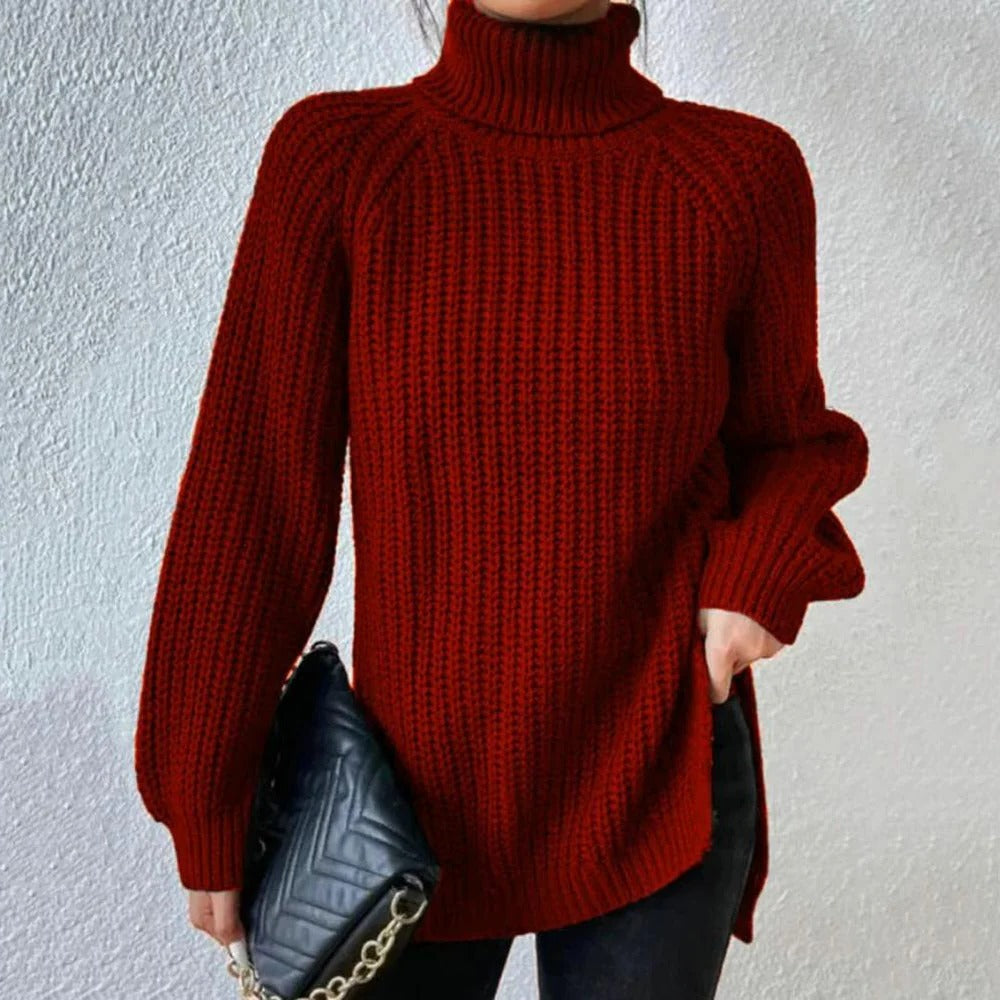 Belro turtleneck sweater in cozy knit fabric, featuring a classic high neckline and long sleeves, displayed on a neutral background