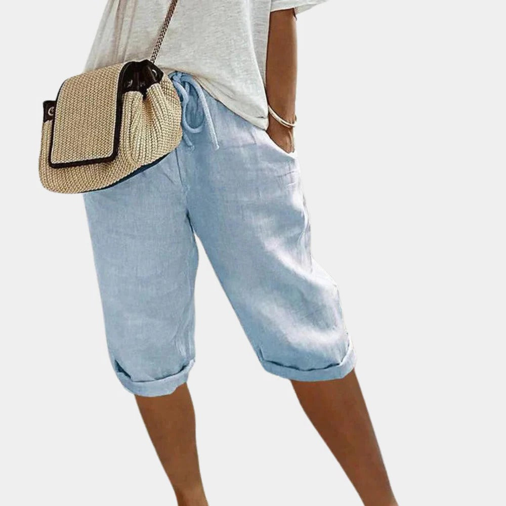 Comfortable women's shorts by Belro, casual light blue shorts with elastic waistband and relaxed fit, suitable for summer wear.