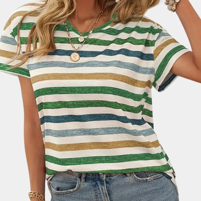 Belro casual striped women's T-shirt with a relaxed fit and short sleeves, featuring colorful horizontal stripes.