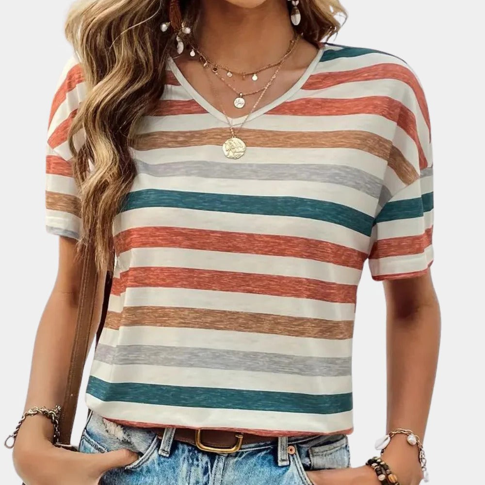 Belro casual women's striped T-shirt displayed flat, featuring multicolor horizontal stripes and a classic round neckline.
