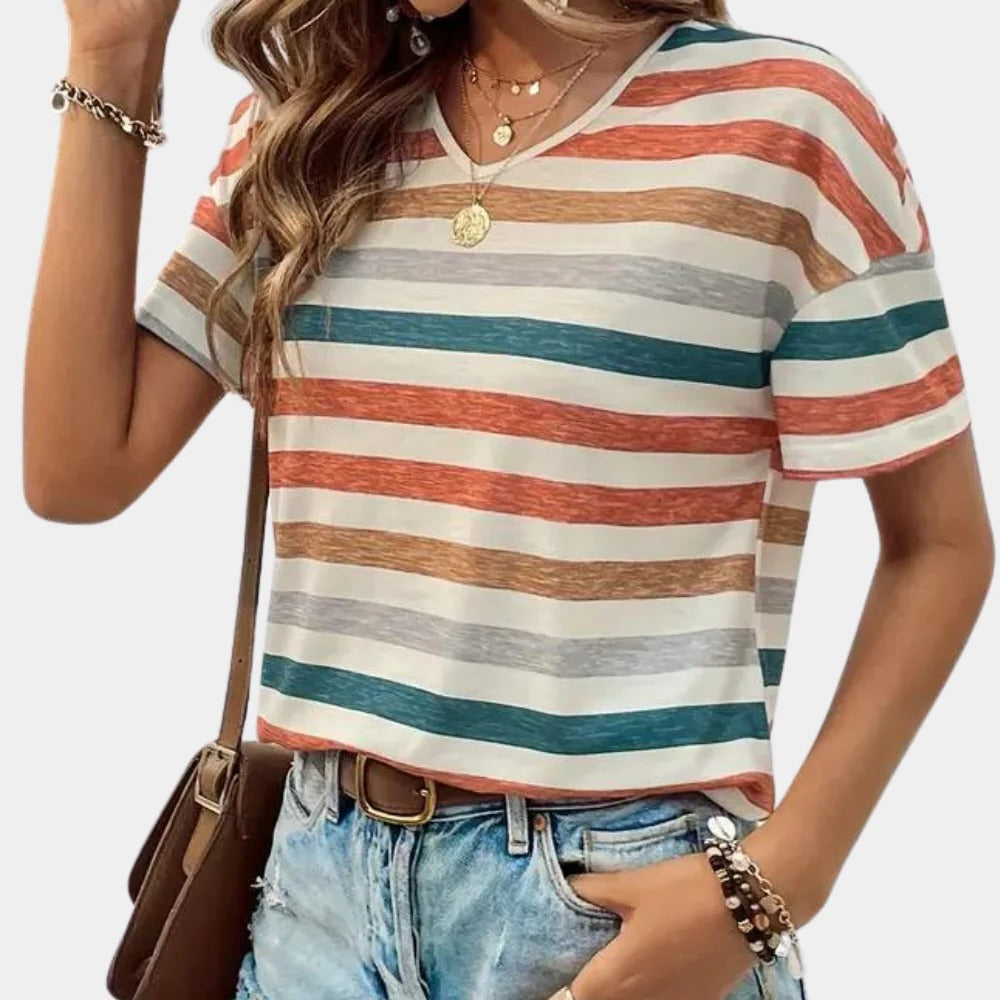 Belro casual women's striped T-shirt with a relaxed fit, featuring horizontal stripes in various colors on soft fabric.