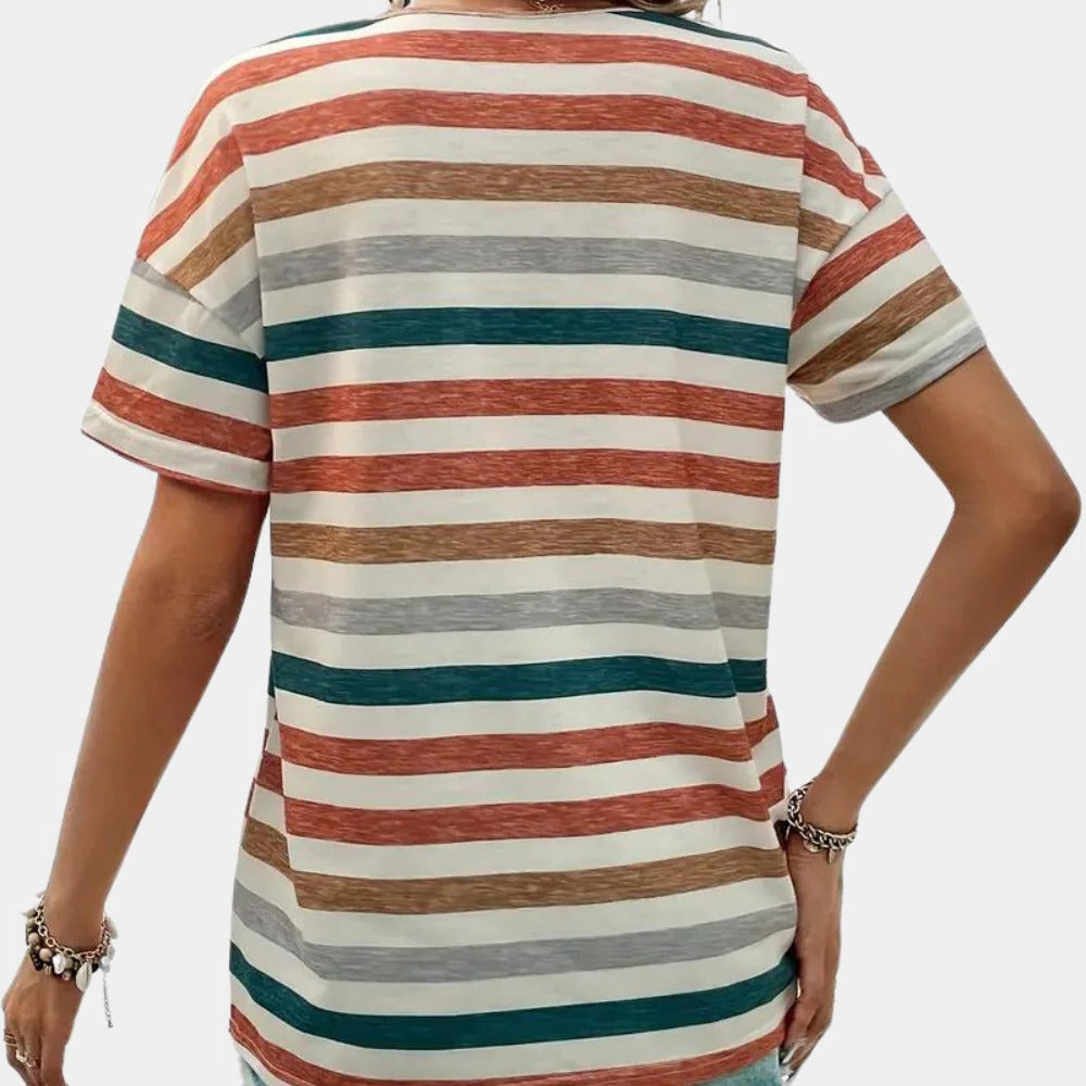 Belro casual striped women's T-shirt with a relaxed fit and colorful horizontal stripes, perfect for everyday wear.