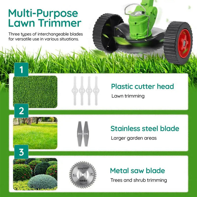 Powerful electric cordless grass trimmer by Belro, showing the battery-operated trimming tool in action outdoors.