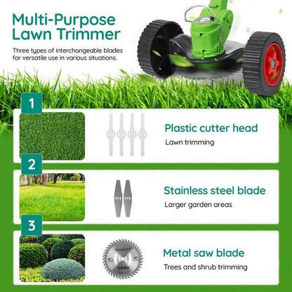 Powerful electric cordless grass trimmer by Belro, showing the battery-operated trimming tool in action outdoors.