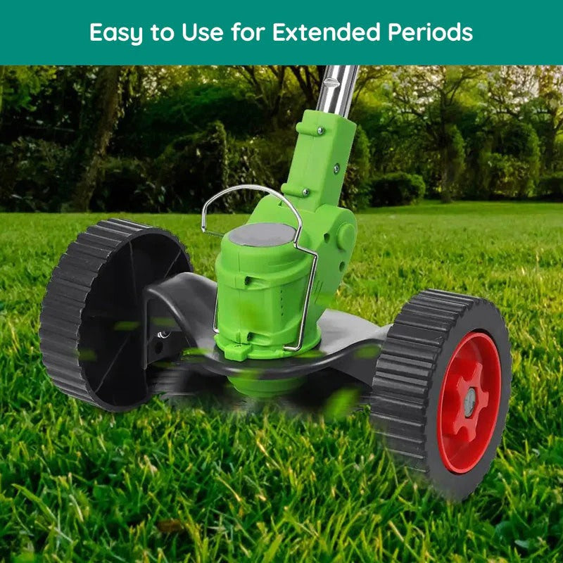 Belro cordless electric grass trimmer displayed with its battery and cutting head for efficient lawn trimming.