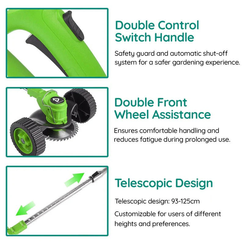 Belro cordless electric grass trimmer for men, battery-operated, lightweight and powerful outdoor gardening tool.
