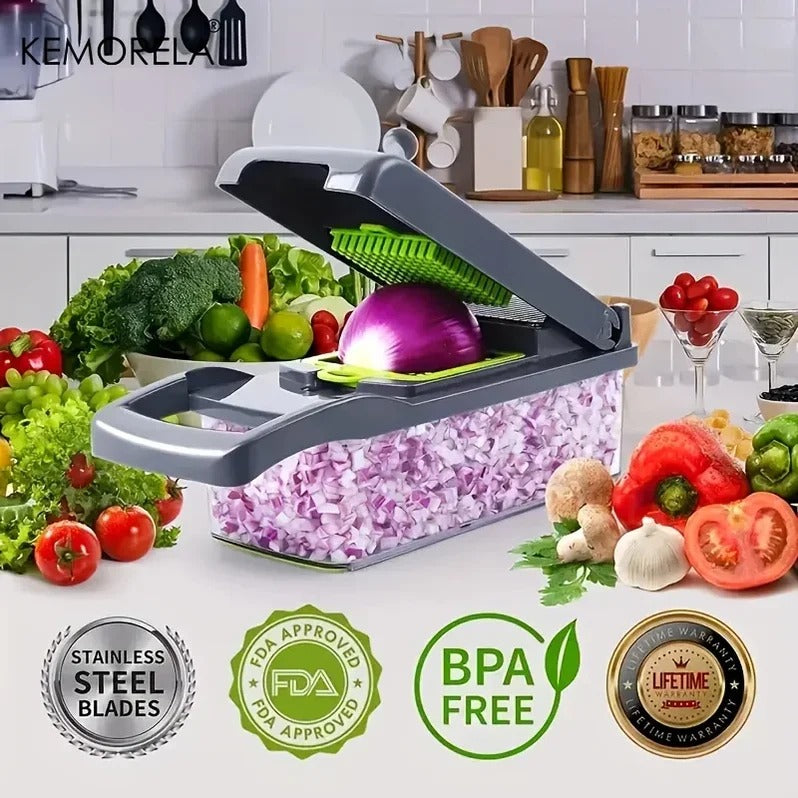 Belro multifunctional vegetable chopper with stainless steel blades and plastic container, ideal for quick kitchen prep.