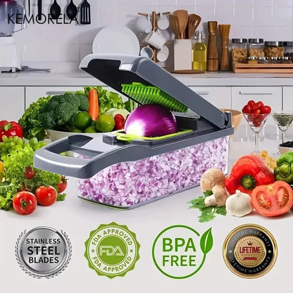 Belro multifunctional vegetable chopper with stainless steel blades and plastic container, ideal for quick kitchen prep.