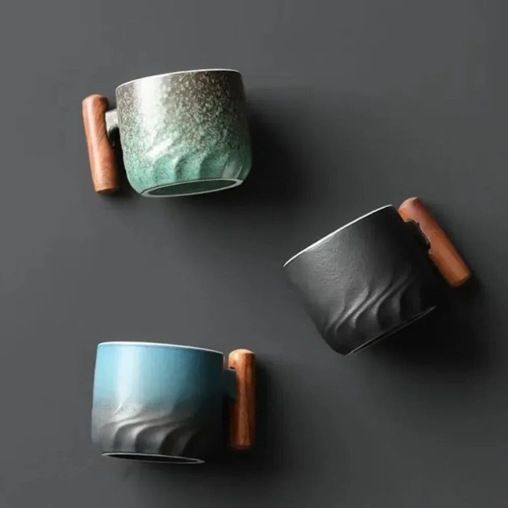 Vintage Belro espresso cups with wooden handles, stylish and unique, perfect for serving coffee in a classic, elegant style.