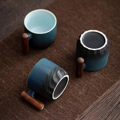 Vintage Belro espresso cups with wooden handles, ideal for stylish coffee service in home kitchen settings.