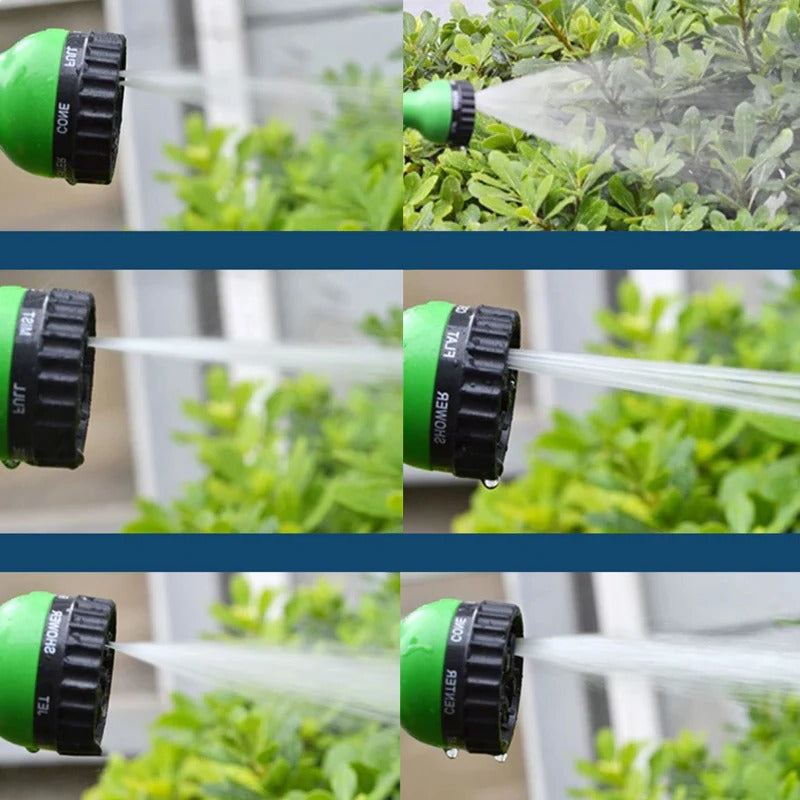 Flexible garden hose by Belro with brass fittings, coiled on a garden lawn for outdoor watering and gardening tasks.
