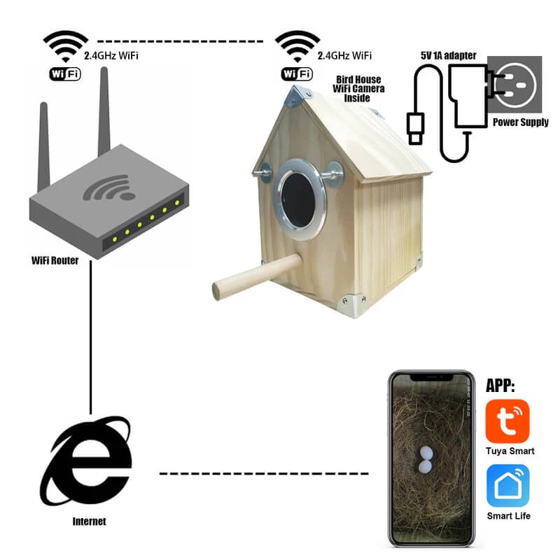 Belro bird nesting feeder with integrated camera for bird watching, installed outdoors on a garden tree or post.