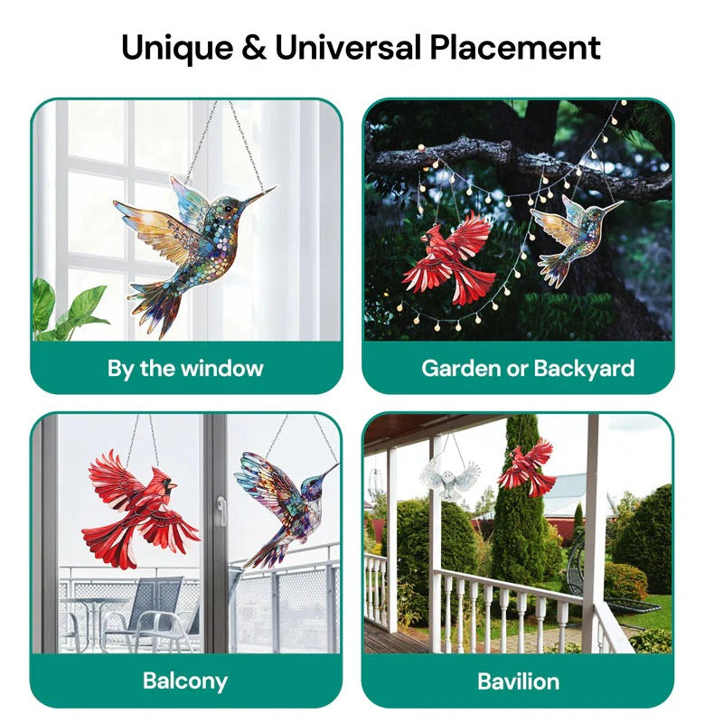 Colorful hummingbird suncatcher by Belro hanging outdoors with sunlight reflecting off its glass surface.