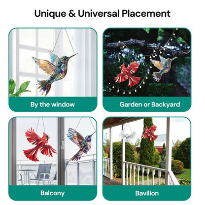 Colorful hummingbird suncatcher by Belro hanging outdoors with sunlight reflecting off its glass surface.