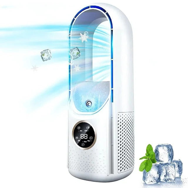 Bladeless portable air conditioner by BowLift with sleek design, displaying a compact, personal cooling unit with control panel.