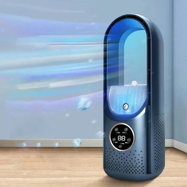 Bladeless portable air conditioner by BowLift with sleek design, showing the compact unit and control panel for personal cooling.