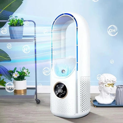 Bladeless portable air conditioner by BowLift with a sleek design, showcasing vents and control panel for personal cooling.