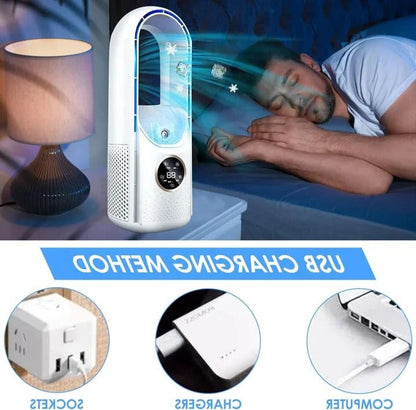 Bladeless portable air conditioner by BowLift, silent 3-speed personal cooling device with modern design and air vent.