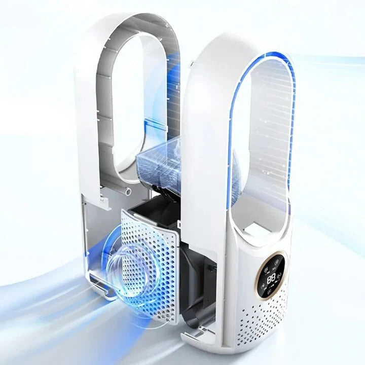 BowLift bladeless portable air conditioner with sleek design, showing the silent personal cooling device with control panel and airflow vents.