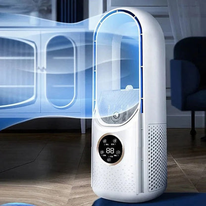 BowLift bladeless portable air conditioner with sleek design, displaying its compact, modern cooling unit with controls visible.