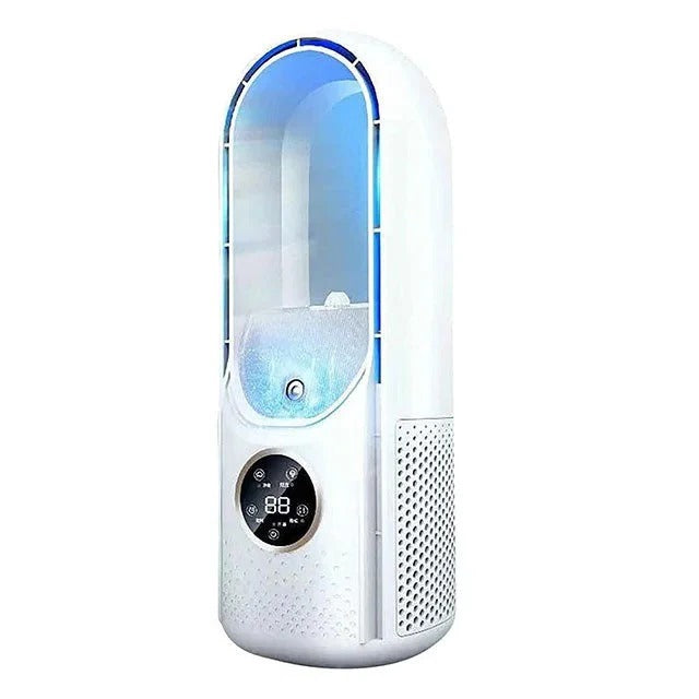 Portable bladeless air conditioner by BowLift with a sleek design, featuring a digital display and adjustable air vents.