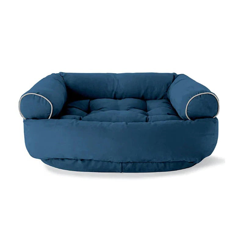 Belro dog sofa with plush cushioning, designed for comfort, in a modern home and garden setting.