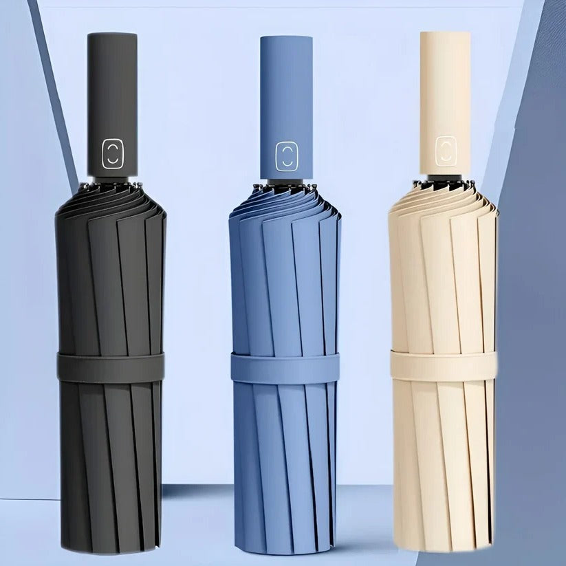 Belro eco-friendly windproof umbrella open, showcasing durable canopy and sturdy handle in a natural outdoor setting.