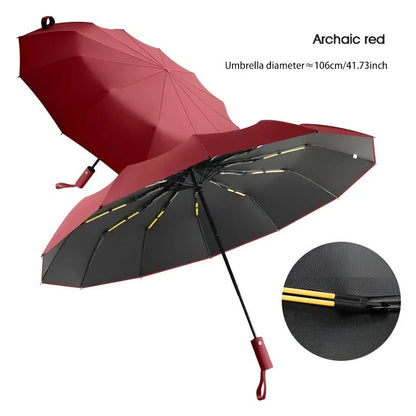 Belro eco-friendly windproof umbrella open, showcasing its sturdy canopy and ergonomic handle in a natural outdoor setting.