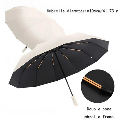 Belro eco-friendly windproof umbrella opened, showcasing its sturdy canopy and compact design for protection against strong winds.