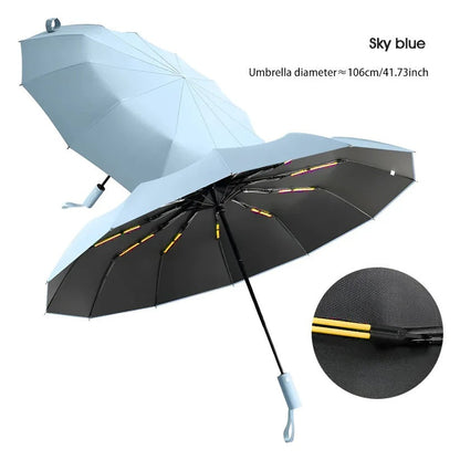 Belro eco-friendly windproof umbrella open outdoors, showcasing its sturdy design and vibrant fabric against a cloudy sky.