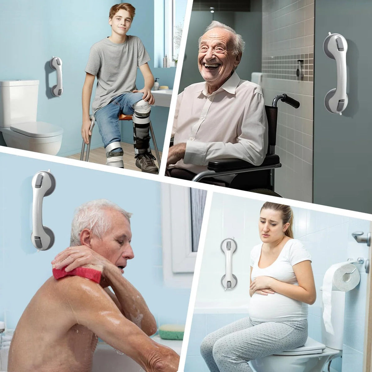 Belro suction grab bar mounted outdoors for safety, featuring a sturdy metal design with grip-enhancing surface.