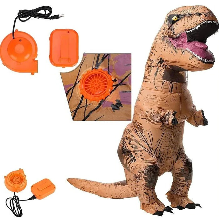 Belro inflatable T-Rex costume for men, featuring a large dinosaur design with open mouth and realistic details, worn as clothing.