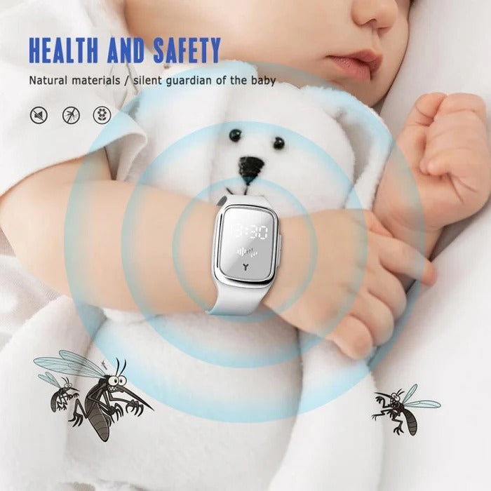 Belro anti-mosquito wristband showing a black silicone band with adjustable strap, designed to repel mosquitoes.