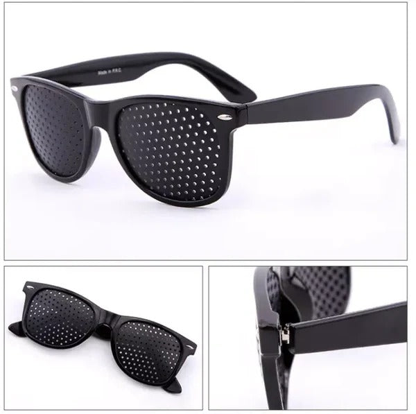 Belro corrective pinhole glasses with clear lenses designed to improve vision, shown in a close-up image.