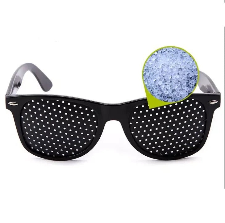 Belro corrective pinhole glasses with clear lenses, designed to improve vision and focus, shown on a white background.