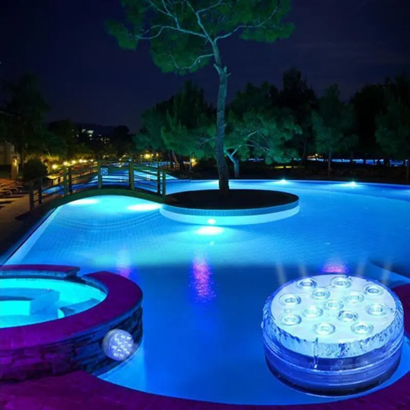 Belro submersible LED lights for outdoor home and garden use, showing colorful LED illumination underwater.