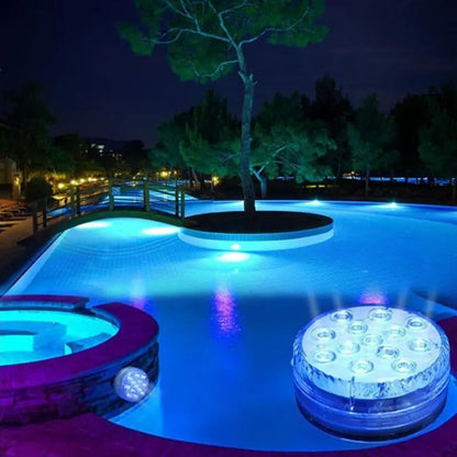 Belro submersible LED lights for outdoor home and garden use, showing colorful LED illumination underwater.