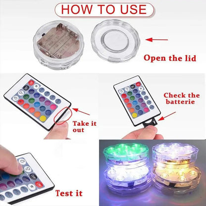 Belro submersible LED lights for outdoor home and garden, showing colorful illuminated lights in a water setting.