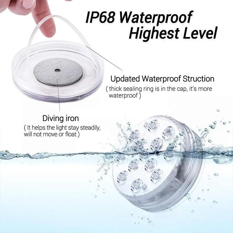 Belro submersible LED lights for outdoor use, showing colorful lights submerged in water for garden or pond decoration.