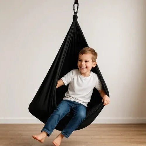 Belro men's sensory swing made of soft fabric, designed for relaxation and sensory therapy, hanging against a neutral background.