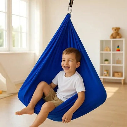 Belro sensory swing designed for men, showing a sturdy cloth swing with straps hanging from a ceiling mount, ideal for sensory therapy.