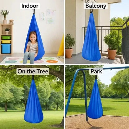 Belro sensory swing for men, made of soft clothing fabric, shown hanging and ready for relaxation or sensory therapy use.