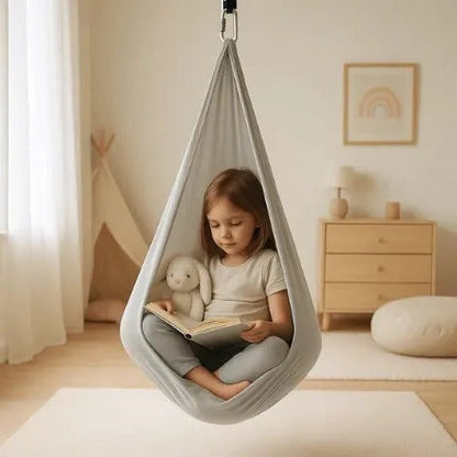 Belro sensory swing for men, made of durable clothing material, hanging with colorful fabric straps and secure support.